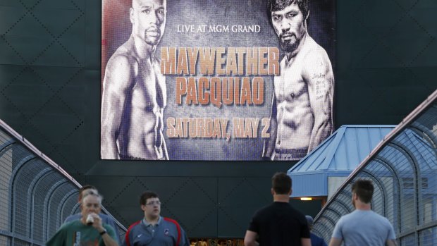 A sign advertising the boxing bout between Floyd Mayweather and Manny Pacquiao.