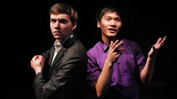 Daniel Full (left) and Adrian Sit perform a scene from their HSC drama piece.
