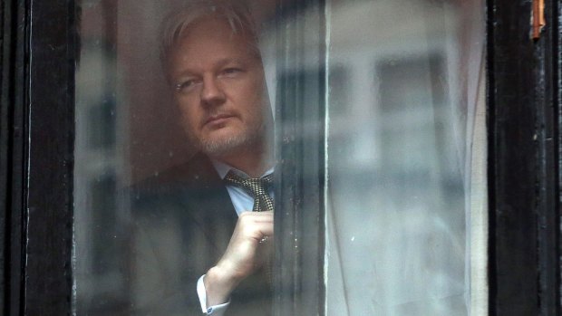 Assange looks out from the Ecuadorian embassy in London.