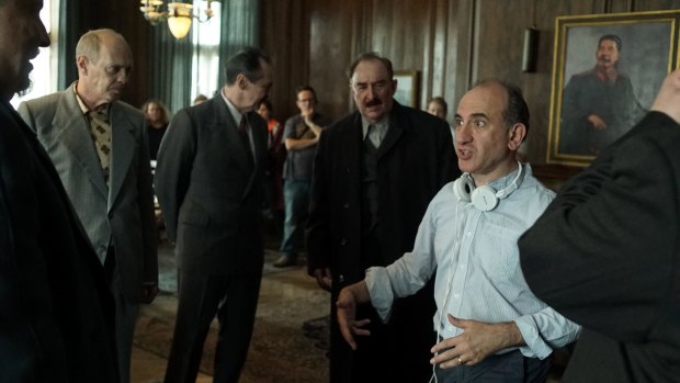 Writer-director Armando Iannucci (with headphones) on the set of the film based on events around the death of the Soviet dictator Joseph Stalin in March 1953..