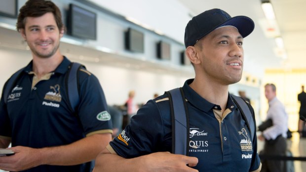Brumby Christian Lealiifano surprises team members at the airport before leaving with the squad to New Zealand.