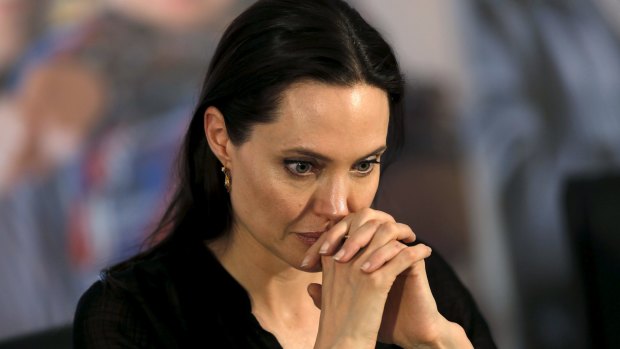 Angelina Jolie attends a news conference as she visits a Syrian and Iraqi refugee camp in the southern Turkish town of Midyat.