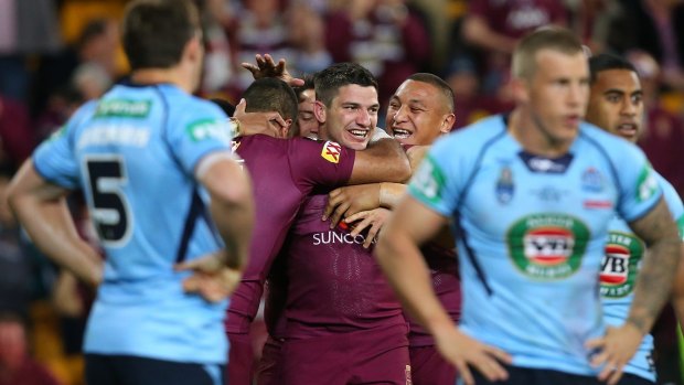 Intense focus: Maroons forward Matt Gillett celebrates his try during the game three win of the State of Origin series against the NSW Blues at Suncorp Stadium last week.