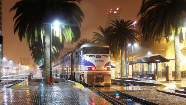 The Pacific Surfliner pulls into an Amtrak station in San Diego, California. 
