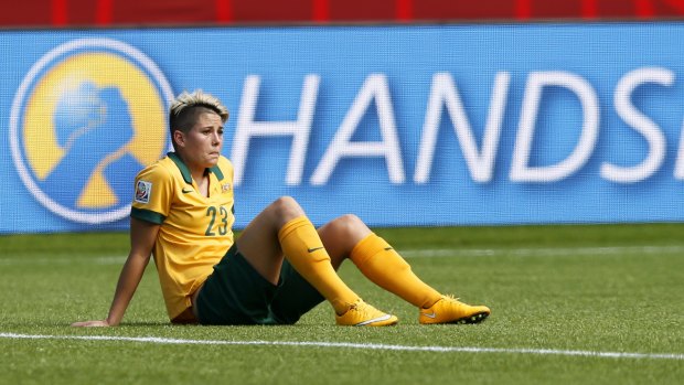 Heartbreak: Michelle Heyman looks disconsolate after the Matildas lost.