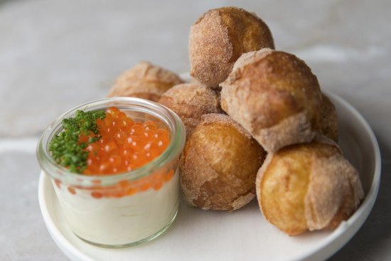 Doughnuts with sour cream and salmon roe.