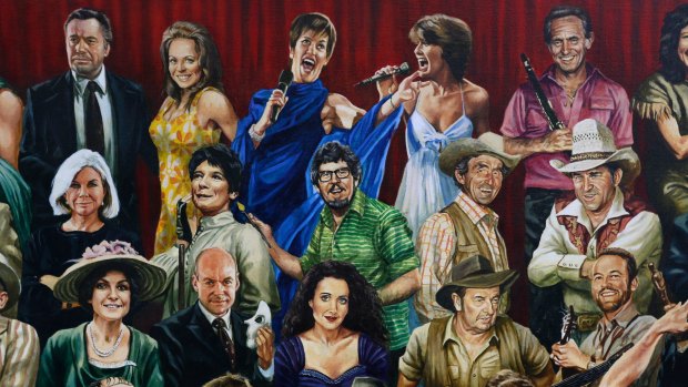 Before: Detail of artist Jamie Cooper's painting of Australian entertainers, with Rolf Harris included. 