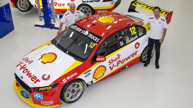DJR Team Penske lead driver Fabian Coulthard in foreground, with V8 legend Dick Johnson in background of team's new Shell V-Power Racing look for Bathburst 1000