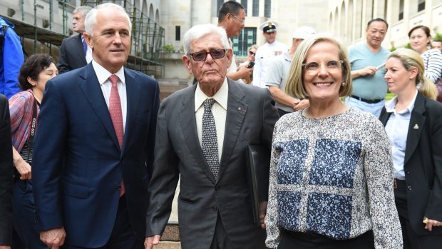 Prime Minister Malcolm Turnbull, former attorney-general and prominent barrister Tom Hughes QC and daughter Lucy Turnbull earlier this year.