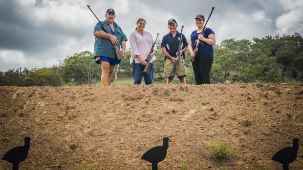 Above target: Members of the Sporting Shooters Association of Australia, from left, Kym Chiaverini of NSW, Leanee Johnston of NSW, President of SSAA ACT David True, and Ashlea McCarthy of SA. 