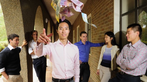 ANU students, front, Ming Wu, back from left, Simon Mishricky, Luke Crowther, Lachlan Carter, Phoebe Jin and Steven Li are developing the country's first student Managed Fund and currently seeking investors.
