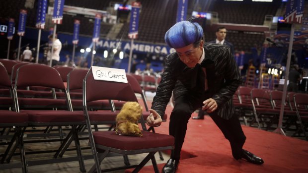 <i>The Late Show</i> host Stephen Colbert gestures to a stuffed ferret while rehearsing ahead of the Republican National Convention (RNC) in Cleveland, Ohio.