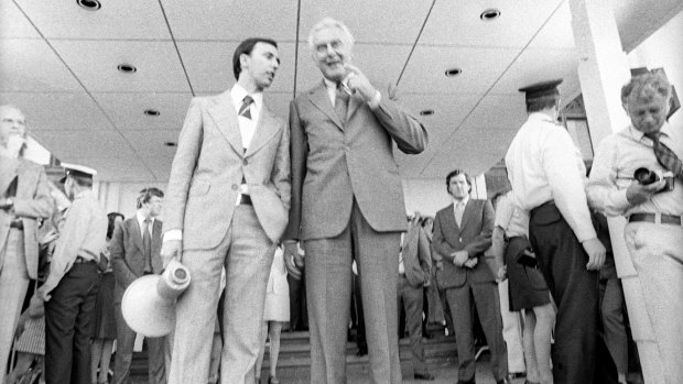 Paul Keating and Gough Whitlam on the steps of Parliament House before Whitlam's historic dismissal speech.