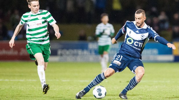Belconnen United wants a playoff for Canberra's FFA Cup spot, which this year went to Tuggeranong United, pictured playing Melbourne Victory.