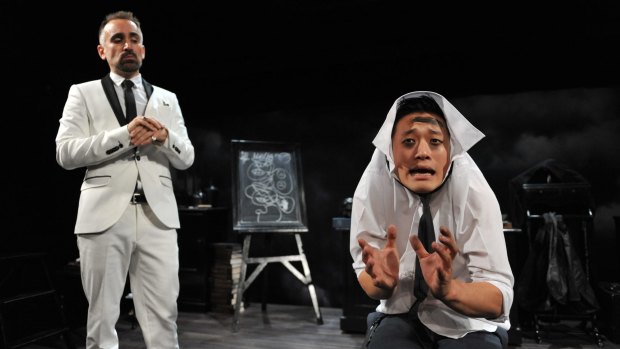 Yannick Lawry, left, as Screwtape and George Zhao as his assistant, Toadpipe, in The Screwtape Letters.