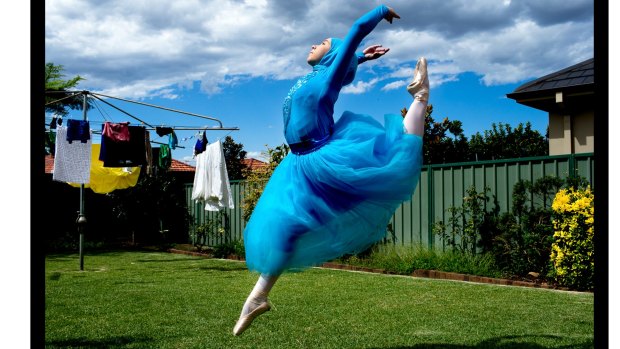 Ballerina Stephanie Kurlow, 14, practicing ballet in her backyard. Stephanie Kurlow, who is crowd sourcing to raise money to become the first Muslim hijabi ballerina in the world. Photo by Edwina Pickles. Taken on 31st jan 2016.