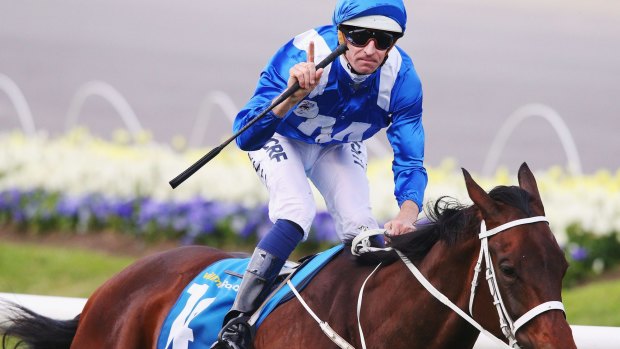Hugh Bowman celebrates on Winx after winning the Cox Plate on Saturday.