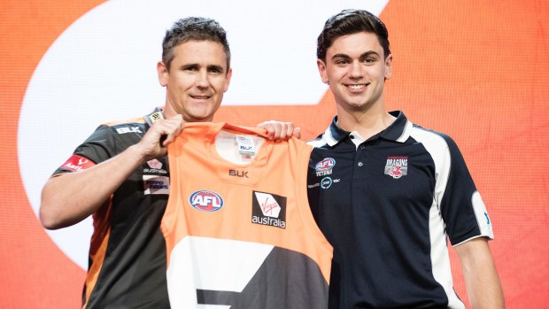 GWS Giants head coach Leon Cameron poses with the number two draft pick TIm Taranto.