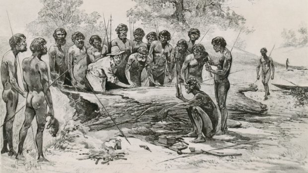 A non-contemporary engraving of John Batman meeting Aborigines on the banks of the Merri creek. 