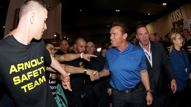 Arnold Schwarzenegger visits Melbourne Exhibition Centre.