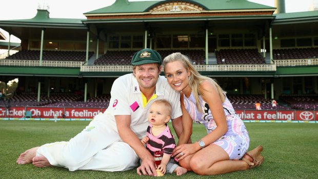 Shane Watson and his wife Lee Furlong with their son Will at the SCG.