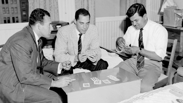 The spirit of 1960: West Indies cricketers Gerry Alexander (touring vice-captain), wicketkeeper Jackie Hendriks and spinner Sonny Ramadhin play cards at the Hotel Australia in Sydney.