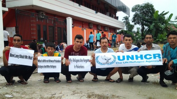 Refugees in Pekanbaru on the Indonesian island of Sumatra go on a hunger strike to protest against delays to their resettlement in a third country.