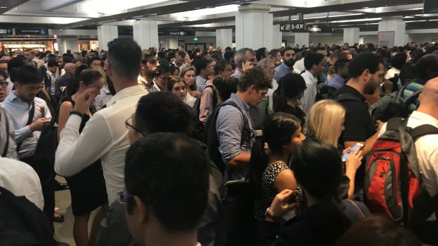 Commuters packed the platform at Wynyard  station about 5.45pm on Tuesday.