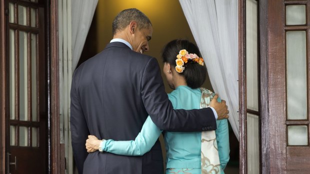 Show of support: US President Barack Obama and Myanmar's opposition leader Aung San Suu Kyi after their news conference. 