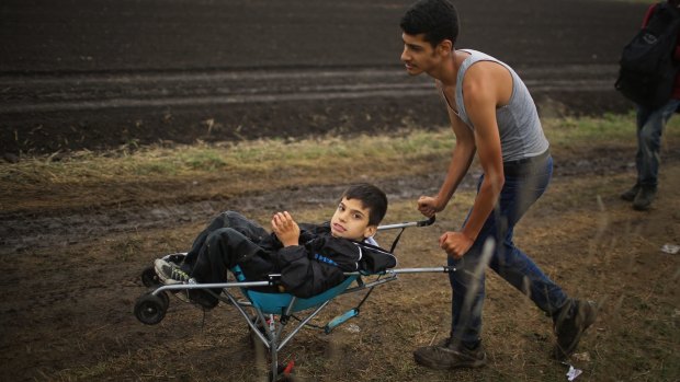 A young boy with disabilities is pushed towards the Hungarian border with Serbia.