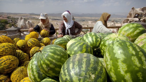 Plump watermelons and pumpkins for sale in the Cappadocian town of Uchisar.