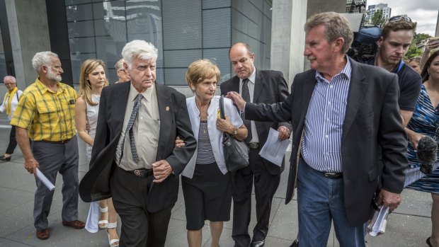 Allison Baden-Clay's parents Geoff and Priscilla Dickie leave the Court of Appeal after Gerard Baden-Clay's murder conviction was overturned on appeal.