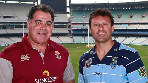 MELBOURNE, AUSTRALIA - JUNE 15:  Maroons coach Mal Meninga and Blues coach Laurie Daley pose before game two of the State of Origin series between the New South Wales Blues and the Queensland Maroons at the Melbourne Cricket Ground on June 15, 2015 in Melbourne, Australia.  (Photo by Scott Barbour/Getty Images)