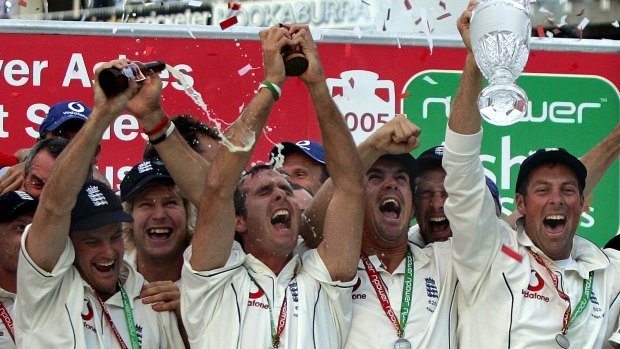 England's Michael Vaughan (centre) celebrates winning the Ashes in 2005.
