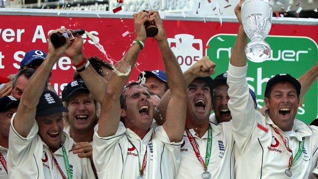 Glory days: England's Michael Vaughan, centre, celebrates with teammates after winning the Ashes in 2005.