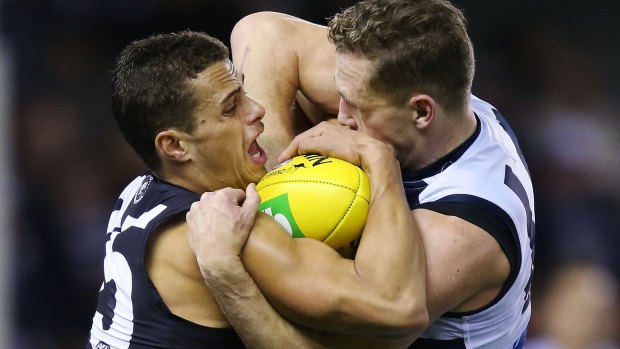 Carlton's Ed Curnow and Geelong's Joel Selwood wrestle for the ball during a round eight match at Etihad Stadium.