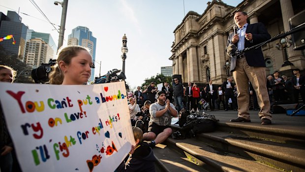 Opposition Leader Bill Shorten speaks at the rally on the steps of Victorian Parliament House.