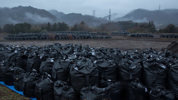 Bags of soil contaminated with radiation are stacked in Tomioka, Fukushima prefecture.