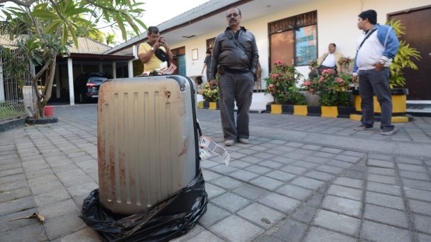 The suitcase where the body of Sheila Von Wiese Mack was stuffed is displayed at a police station in Nusa Dua, Bali.