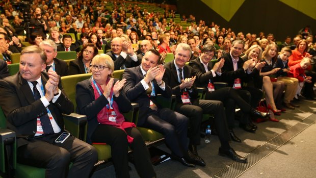 Anthony Albanese (left) with other Labor frontbenchers at the conference.