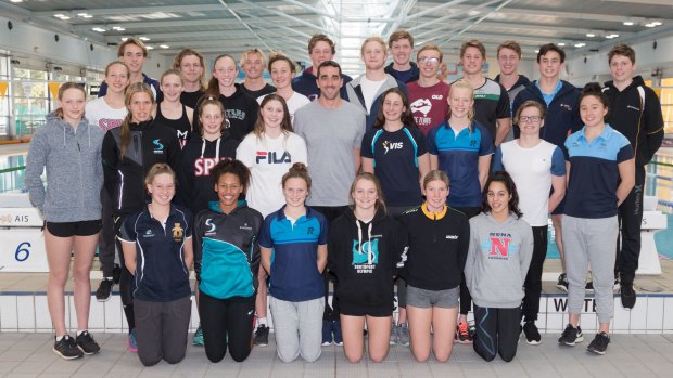 Members of the Swimming Australia NextGEN Squad pose for a group photo with former Olympian Matt Abood during their camp at the Australian Institute of Sport (AIS) in Canberra, Australia on Thursday 6 July 2017. NextGEN Australian Commonwealth Games camp members with Matt Abood.