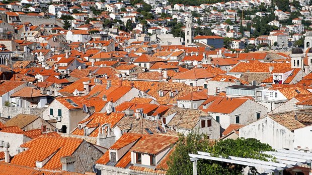 The red tile roofs of the city of Dubrovnik as seen from the town wall.