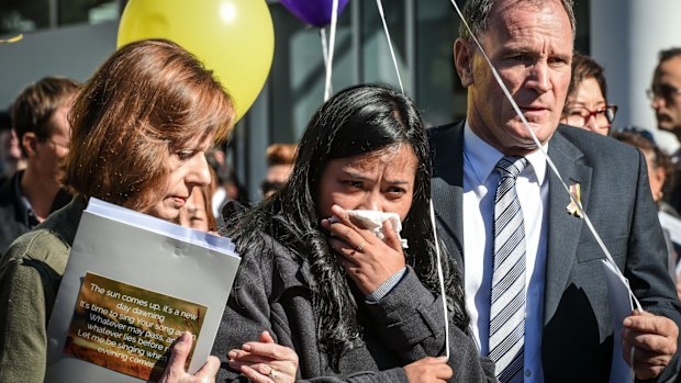 Febyanti Herewila, wife of Andrew Chan, at the funeral for her husband in Sydney last year. 