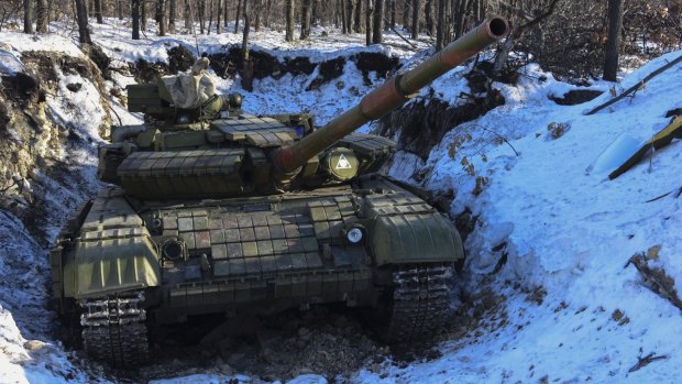 The tank of a pro-Russian separatist at a check-point in Luhansk.