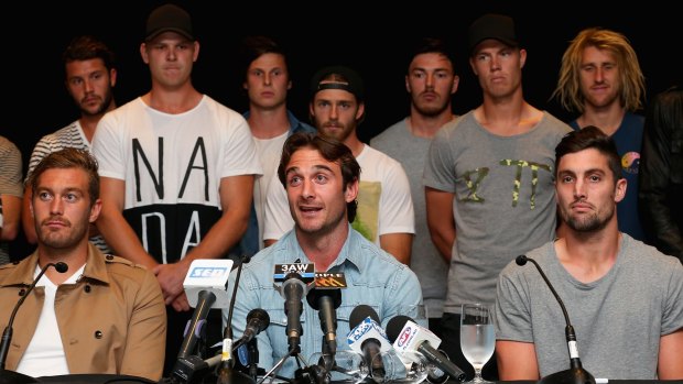 Still waiting: Jobe Watson and Essendon teammates at a press conference after  they were cleared by the AFL anti-doping tribunal in March.