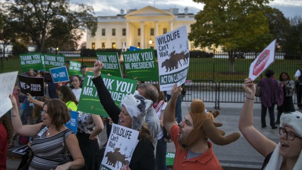 Demonstrators cheer in front of the White House to celebrate the rejection of the pipeline.