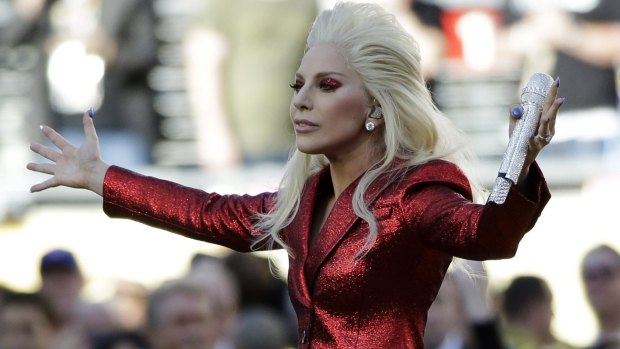 Lady Gaga sings <em>The Star Spangled Banner </em>before the NFL Super Bowl 50 between the Denver Broncos and the Carolina Panthers on Sunday.