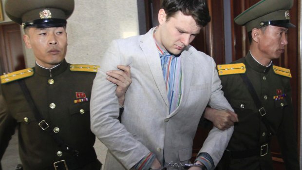 American student Otto Warmbier is escorted at the Supreme Court in Pyongyang, North Korea, in March 2016.