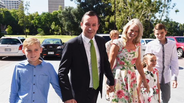 WA Premier-elect Mark McGowan arrives at the state's swearing in ceremony with his family at WA's Government House, Perth, March 17,2017. West Australian Labor leader Mark McGowan is set to be sworn in as the state's 30th premier at Government House. 