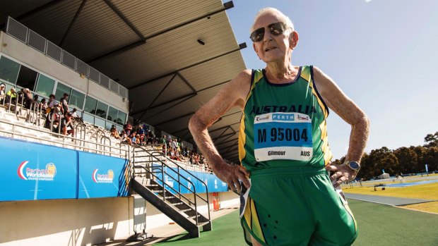John Gilmour, 97, after running in the 800 meter event -- he was the only competitor in the men?s 95-to-99 age group -- at the World Masters Athletics Championships in Perth.